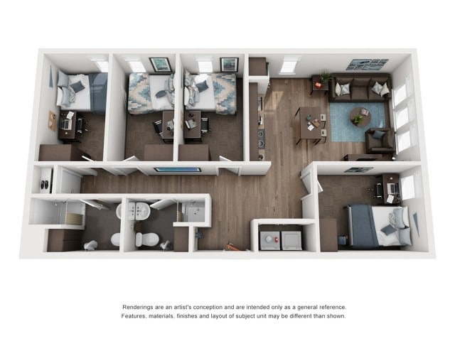 A 3D image of the 4BR/2BA – D1 floorplan, a 1060 squarefoot, 4 bed / 2 bath unit