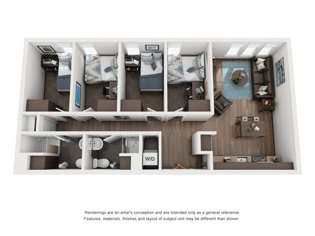 A 3D image of the 4BR/2BA – D2 floorplan, a 1042 squarefoot, 4 bed / 2 bath unit