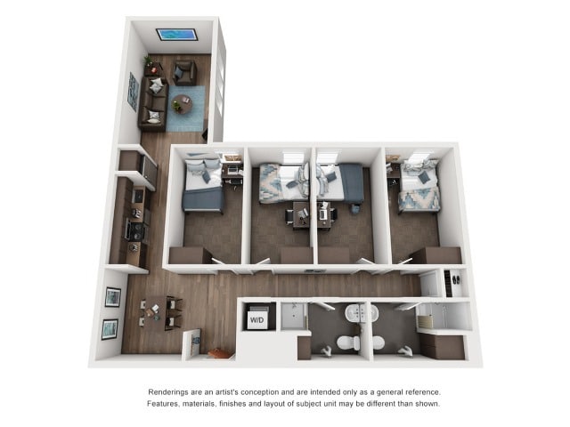 A 3D image of the 4BR/2BA – D3 floorplan, a 1090 squarefoot, 4 bed / 2 bath unit