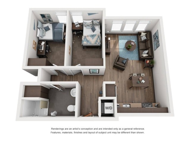 A 3D image of the 2BR/1BA floorplan, a 671 squarefoot, 2 bed / 1 bath unit